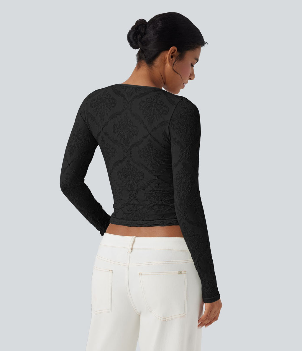 Haut de sport décolleté cœur jacquard à manches longues sans couture OneForm Seamless Flow