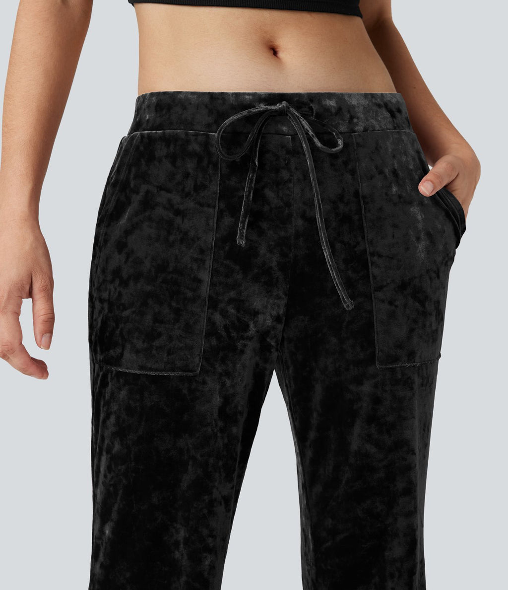 Pantalon évasé velours taille basse avec cordon de serrage et poches
