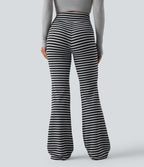 Pantalon évasé décontracté taille haute gainant à rayures en tissu gaufré avec cordon de serrage et poches