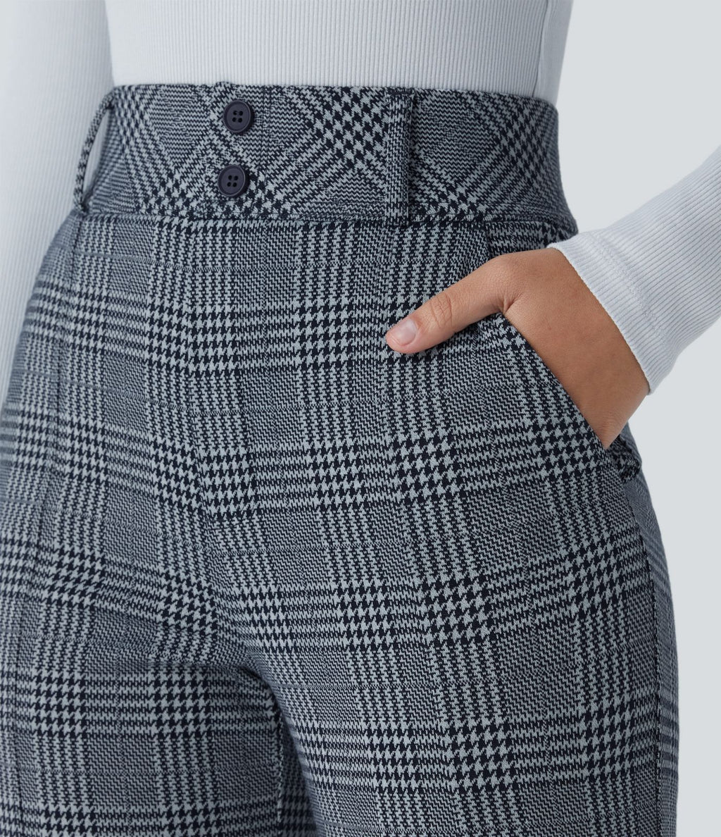 Halara Flex™ Pantalon tailleur évasé à carreaux pied-de-poule, taille haute avec boutons décoratifs et poches latérales