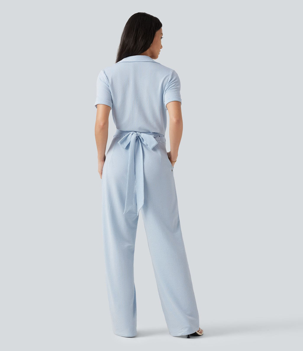 Combinaison-chemise accès facile Easy Peasy en coton froissé rayé à manches courtes, cache-cœur, lien au dos et poches