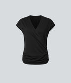 Blouse Travail Unie Froncée Croisée Manches Courtes Col en V