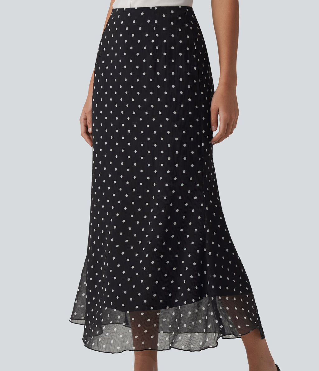 Jupe midi fluide sirène taille haute à pois