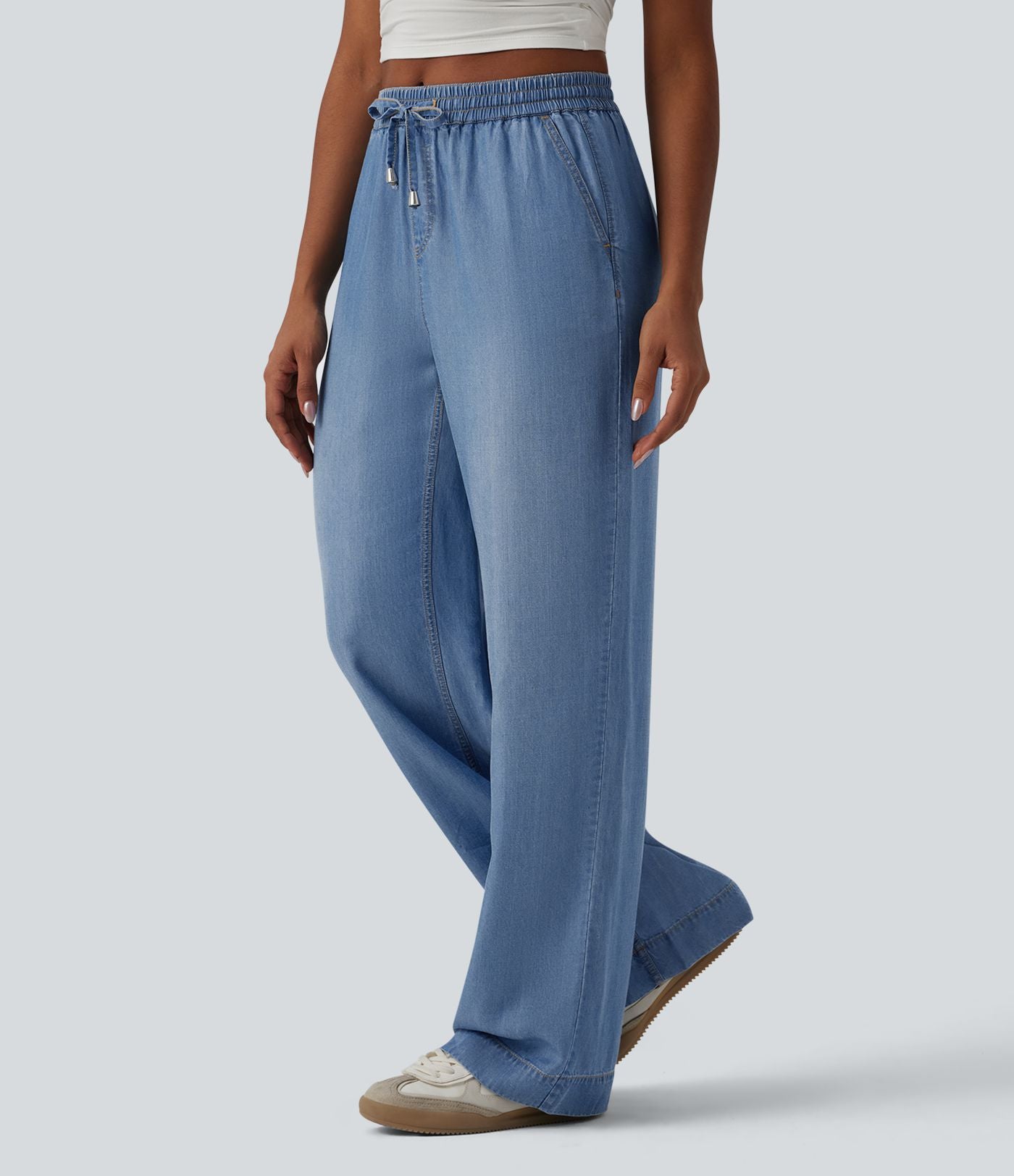 Jean large décontracté drapé taille mi-haute en lyocell avec cordon de serrage et poches