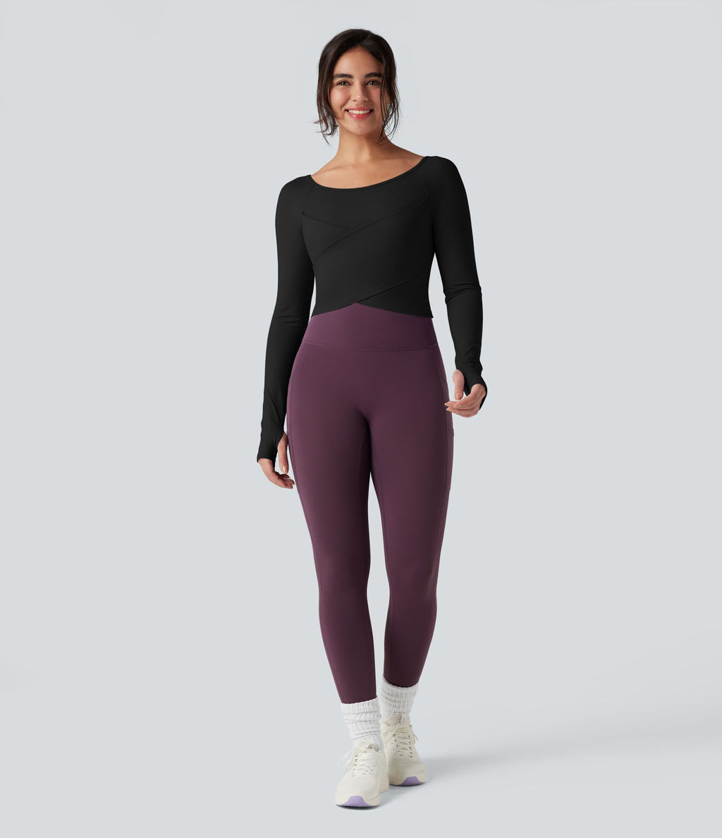 Top de sport yoga SoftlyZero™ Plush col rond ourlet croisé manches longues avec trous pouces