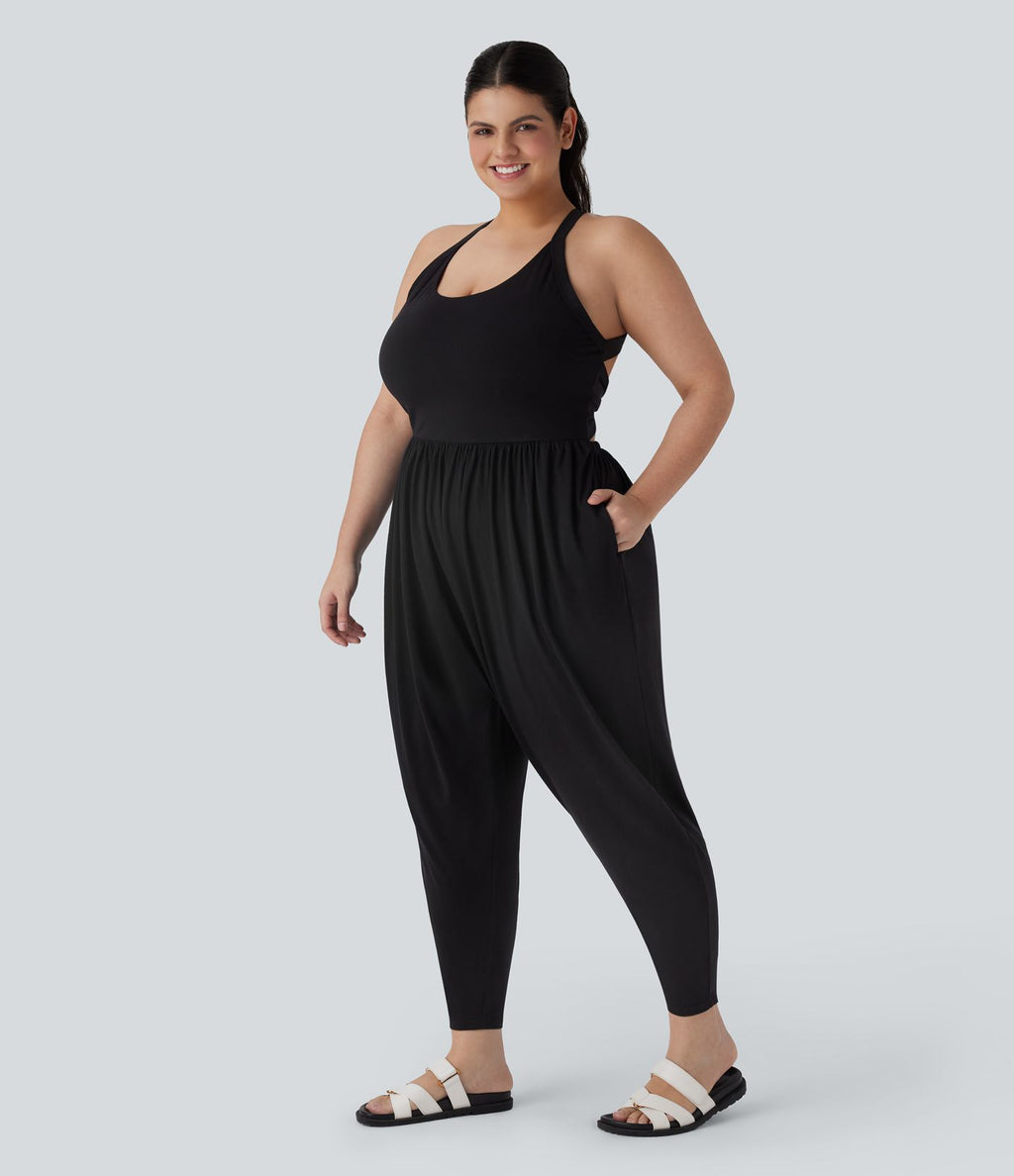 Combinaison sarouel dos nu torsadée grande taille avec poche latérale - Édition facile à enfiler