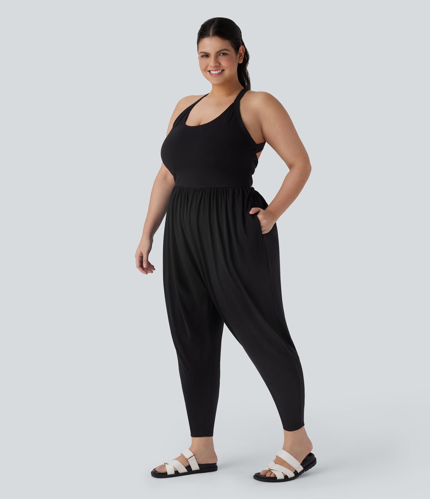 Combinaison sarouel dos nu torsadée grande taille avec poche latérale - Édition facile à enfiler