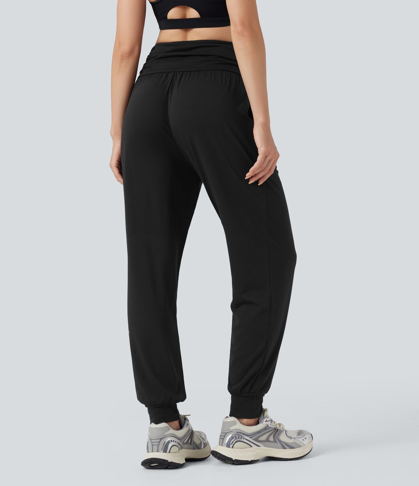 Jogging taille haute froncé chiné avec poches