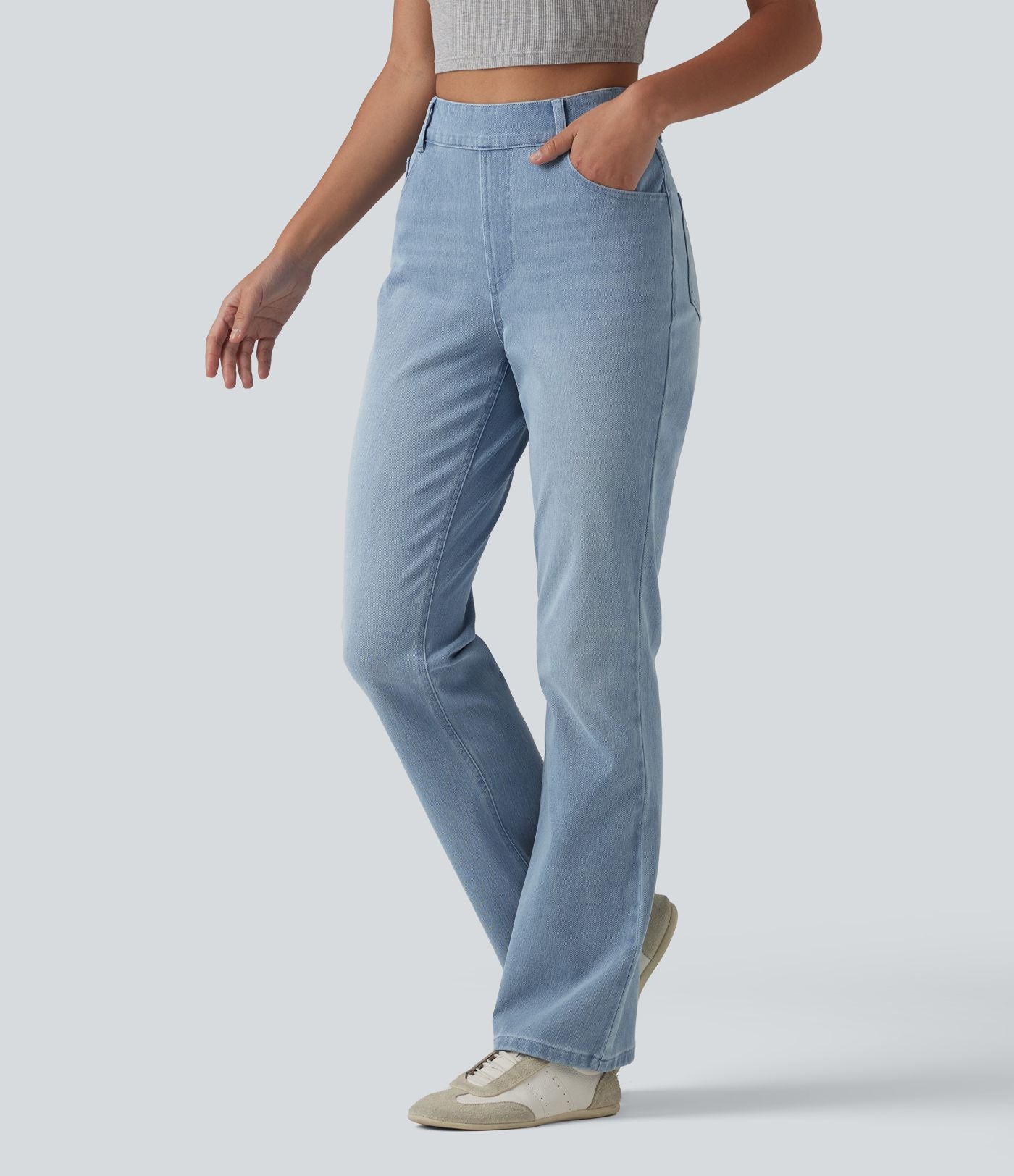 Halara Flex™ Jeans bootcut Casual Taille Haute Multiples Poches Lavés Élastiques et Tricotés Coupe