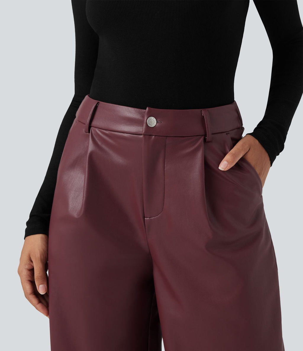Pantalon large en tissu enduit molleton taille haute avec poches