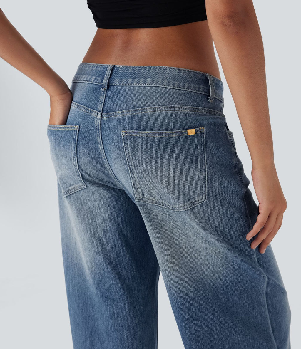 Halara Flex™ Jean large asymétrique taille basse avec bouton, fermeture éclair et poches multiples, délavé et extensible en maille