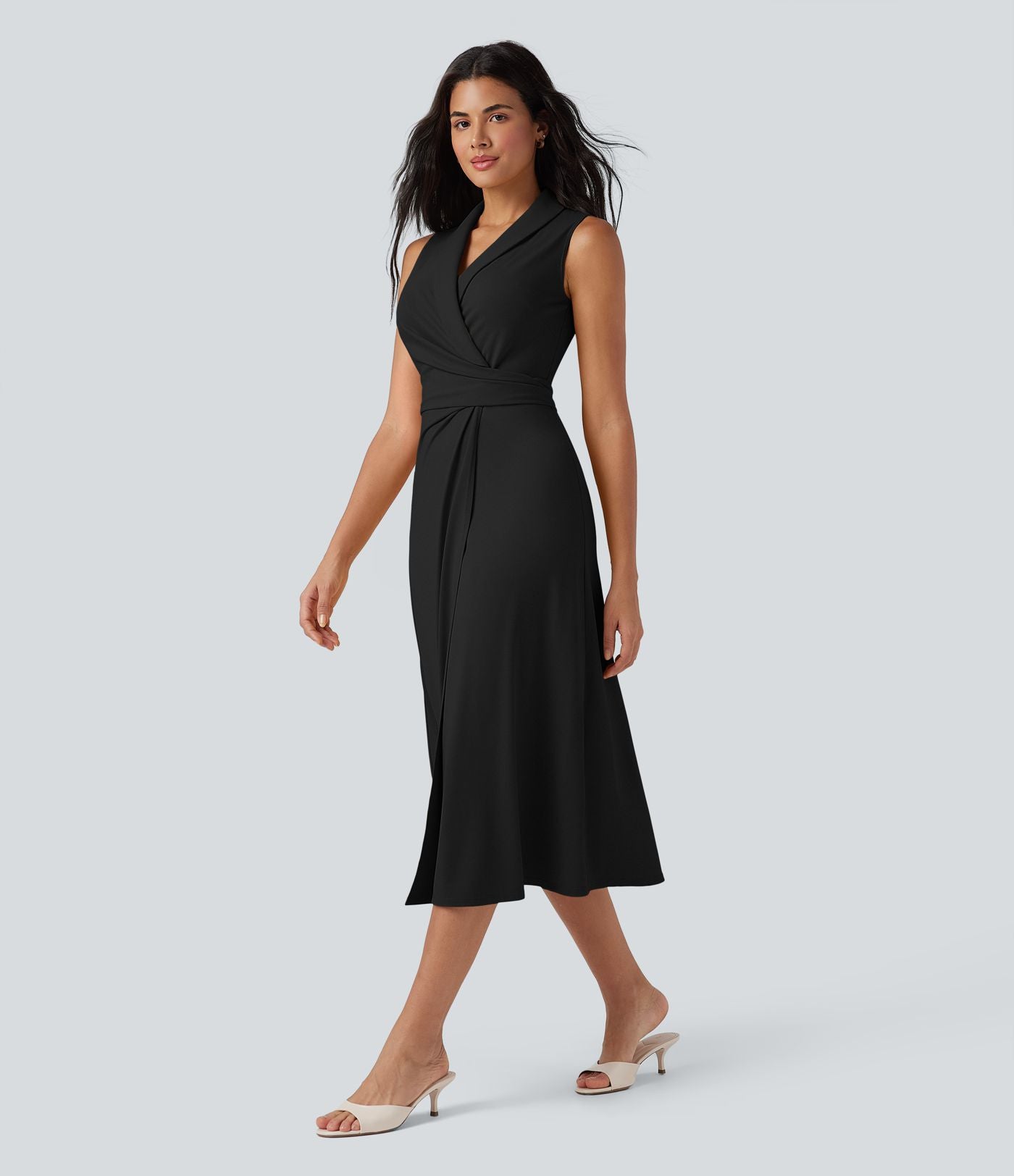 Robe mi-longue tailleur col V liens dans le dos sans manches