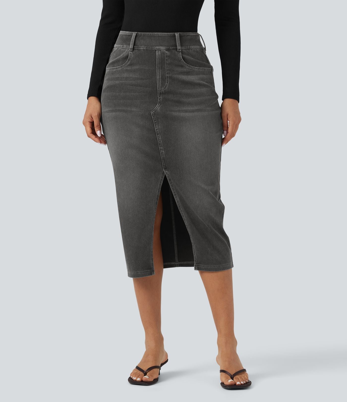 Halara Flex™ Jupe en Jean Casual Mi-Longue Délavé Extensible Plusieurs Poches Taille Haute