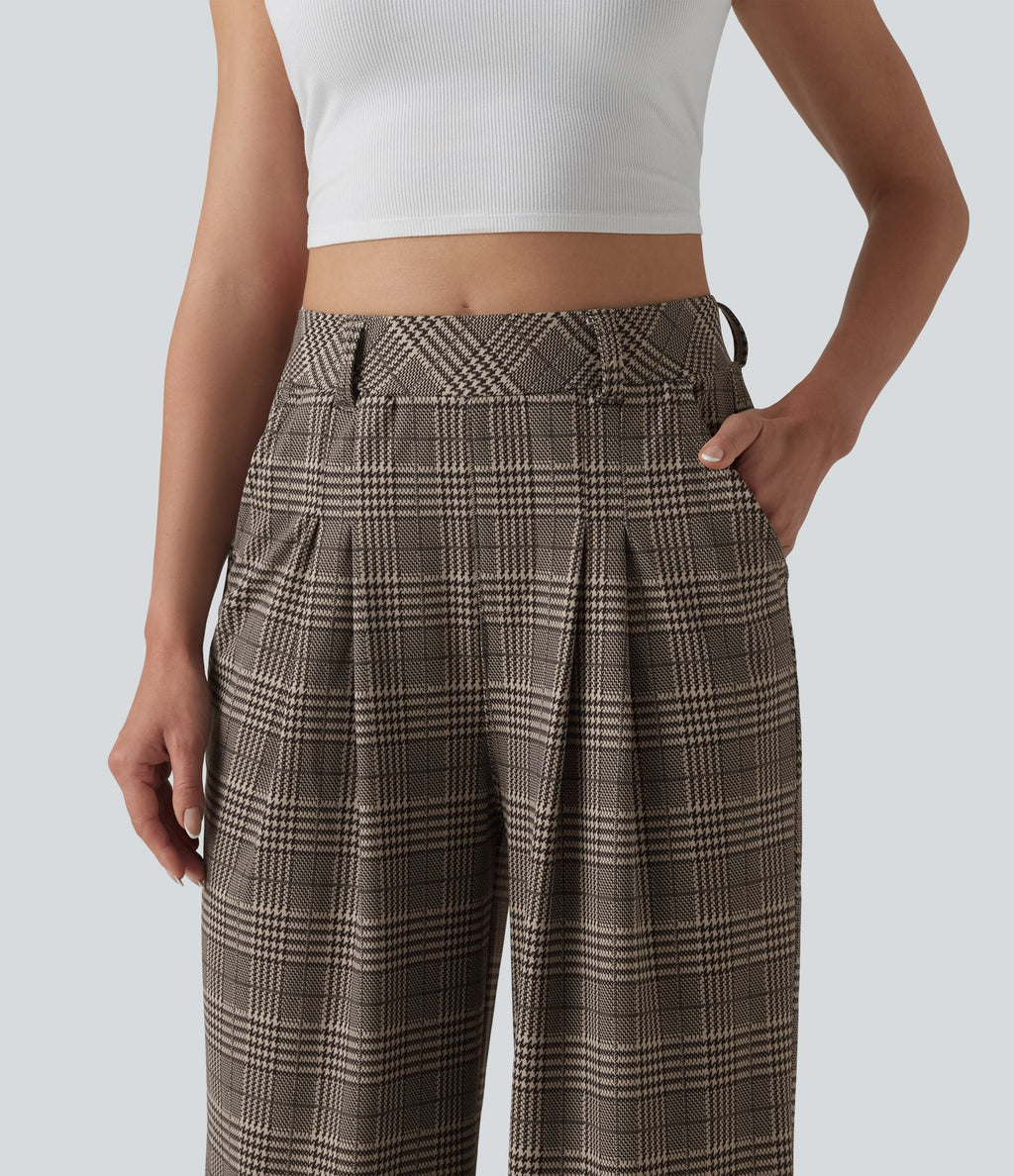Pantalon large taille haute à carreaux pied-de-poule avec poches