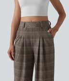 Pantalon large taille haute à carreaux pied-de-poule avec poches