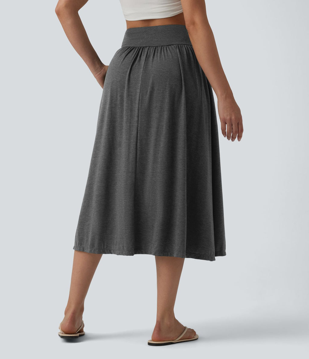 Jupe midi casual fluide croisée taille haute avec poches