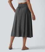 Jupe midi casual fluide croisée taille haute avec poches