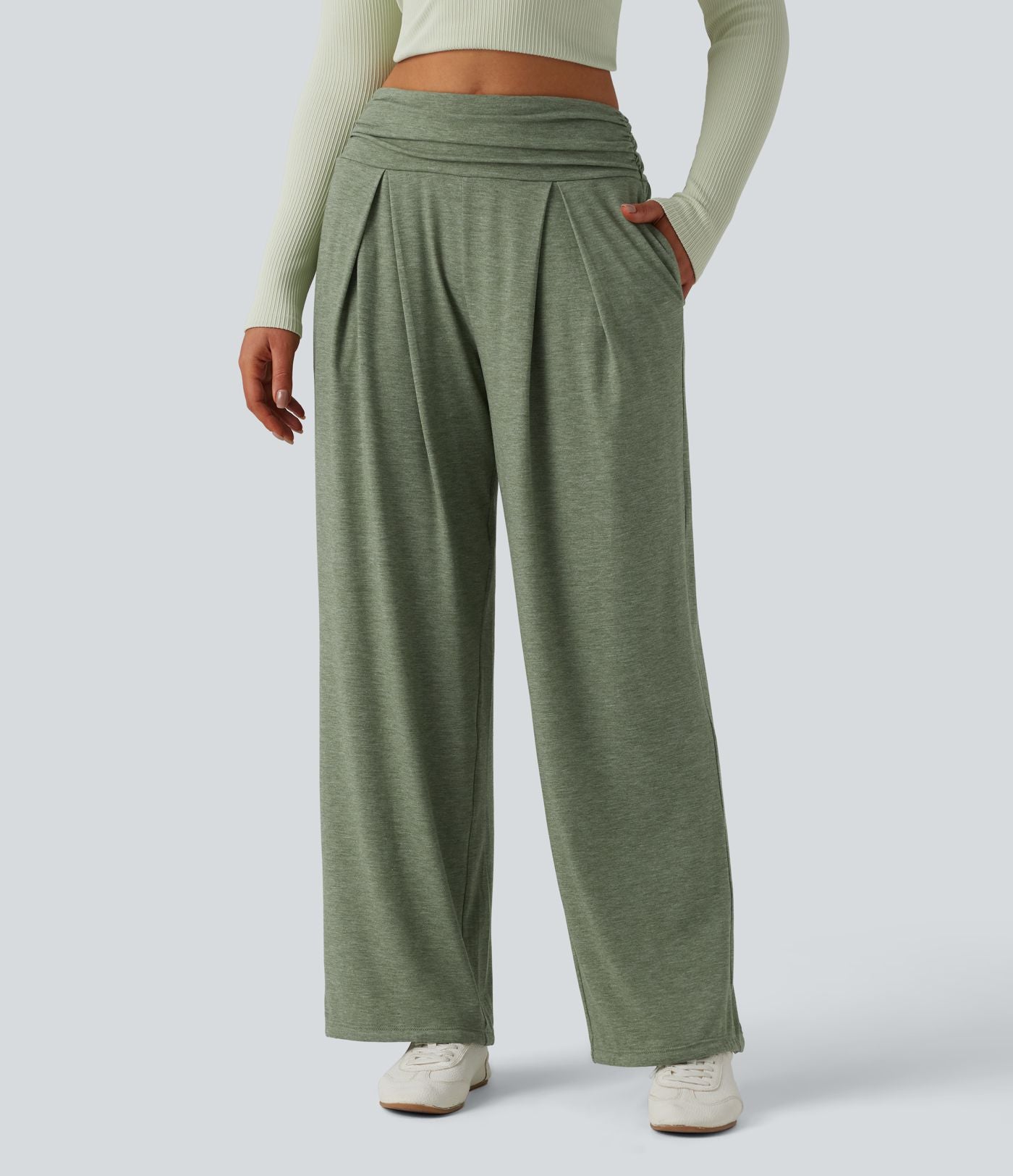 Pantalon de yoga chiné froncé taille haute avec poches