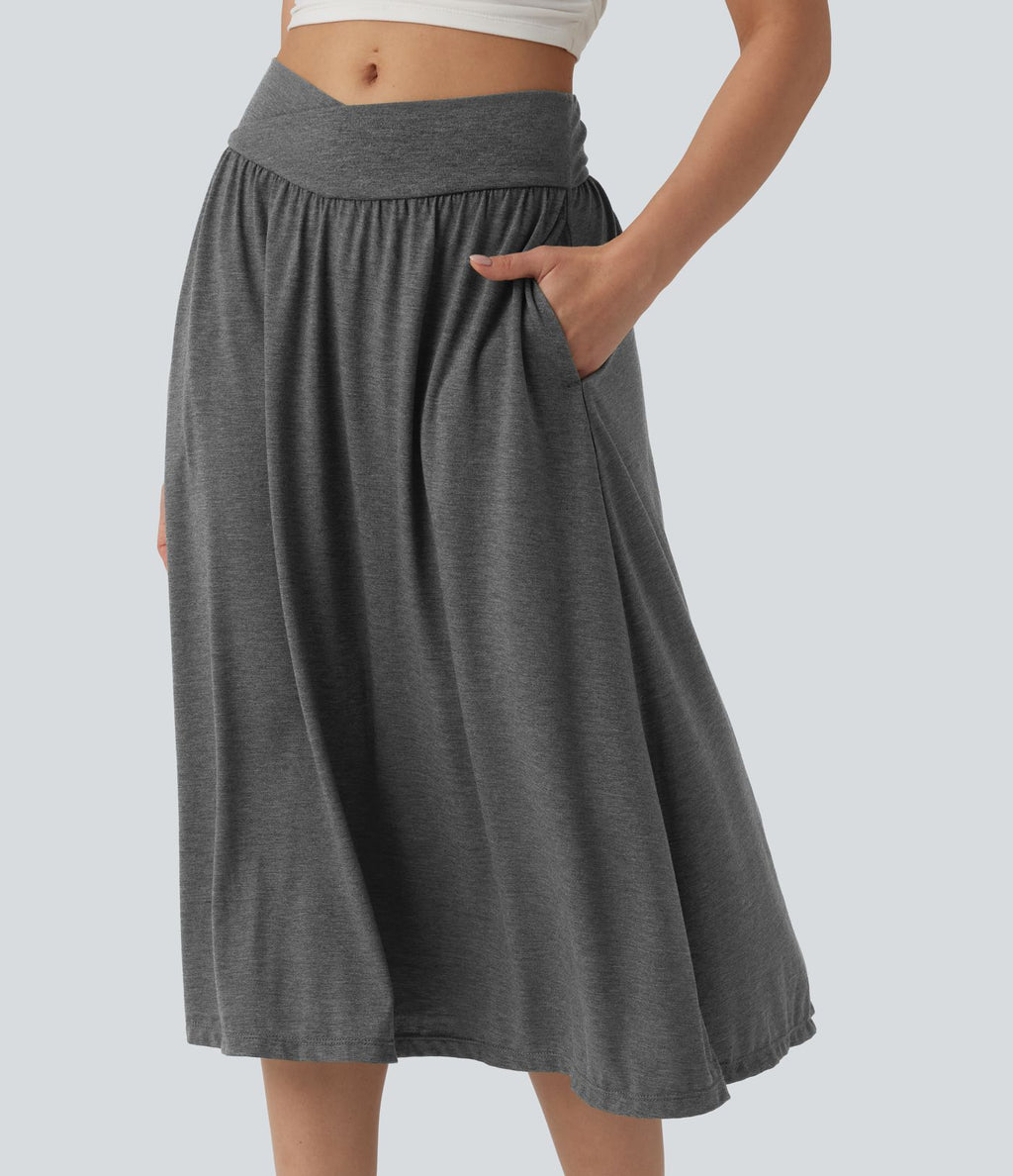 Jupe midi casual fluide croisée taille haute avec poches