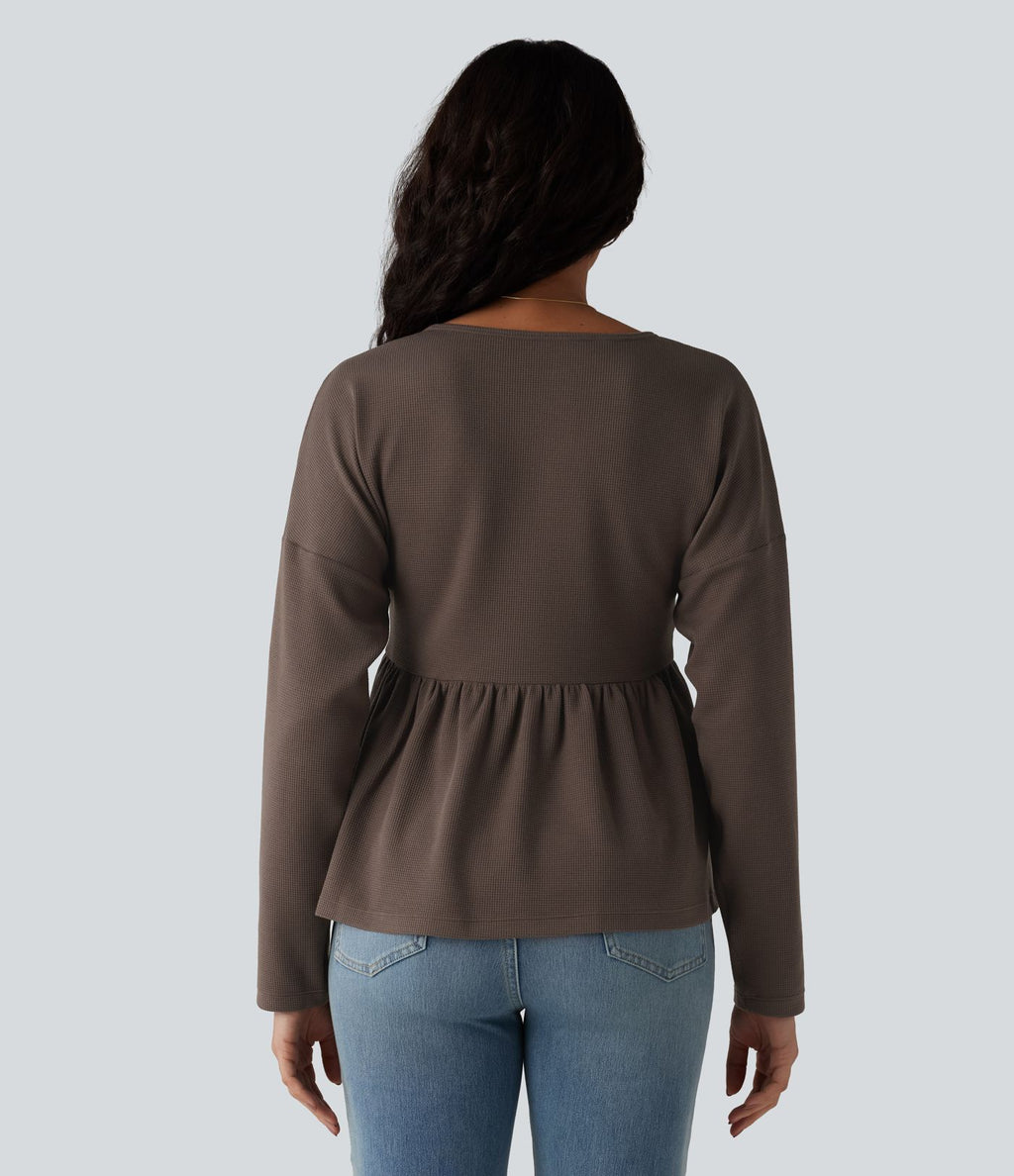 Haut casual babydoll Henley manches longues en tissu gaufré