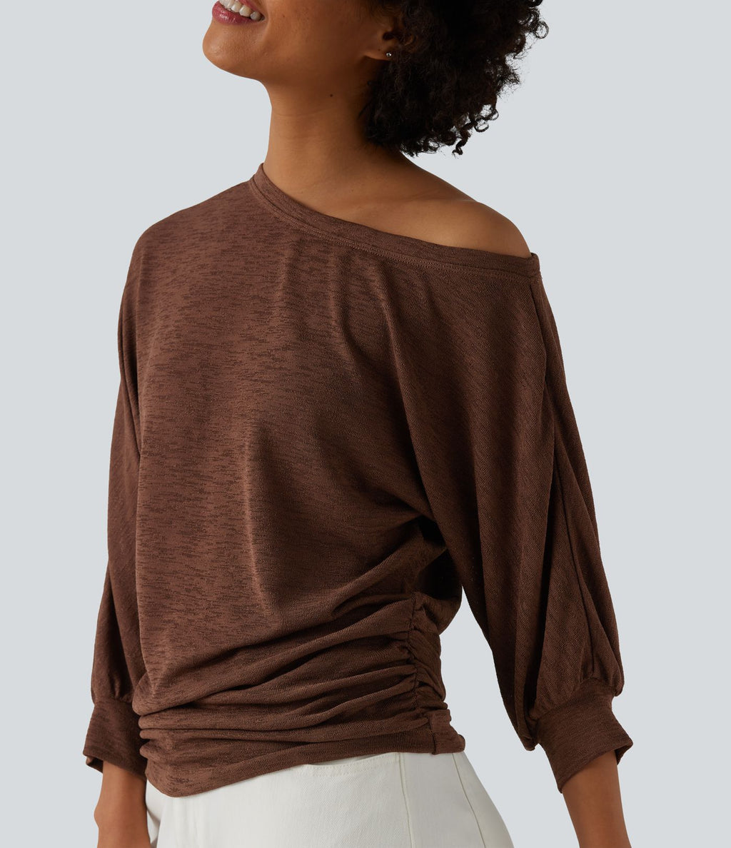 T-shirt décontracté semi-transparent une épaule dénudée à manches 3/4 et fronces