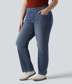 Jean décontracté Halara Flex™ grande taille, taille haute, multiples poches, jambes droites, effet délavé, en maille extensible