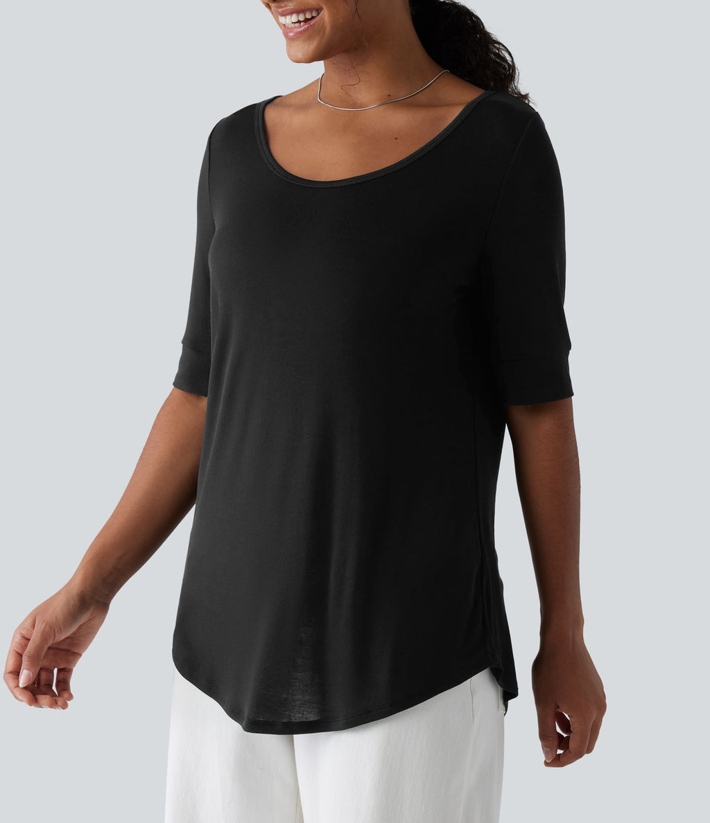 T-shirt décontracté long en maille côtelée col rond échancré, manches mi-longues et ourlet courbe