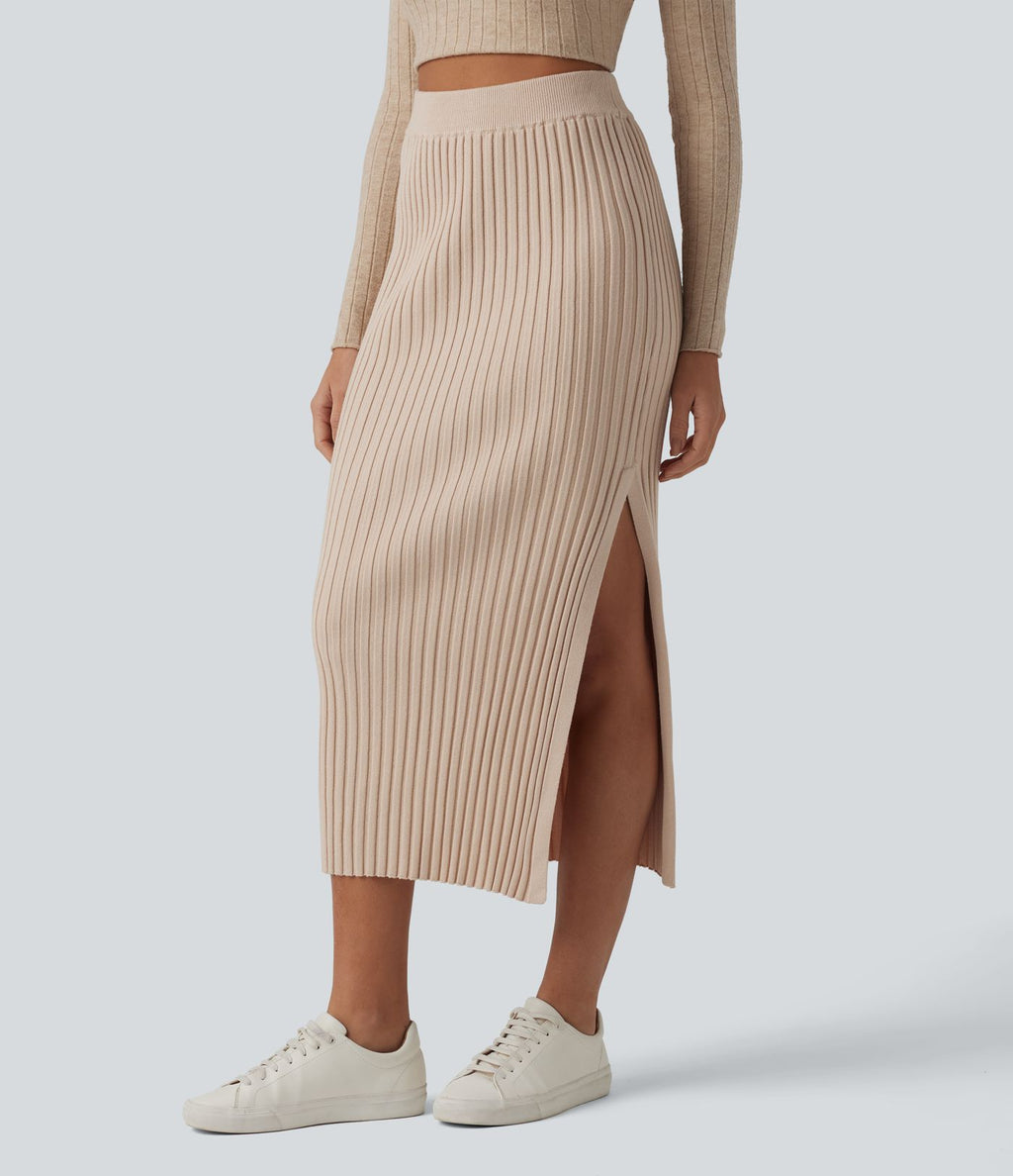 Jupe midi casual en maille taille haute