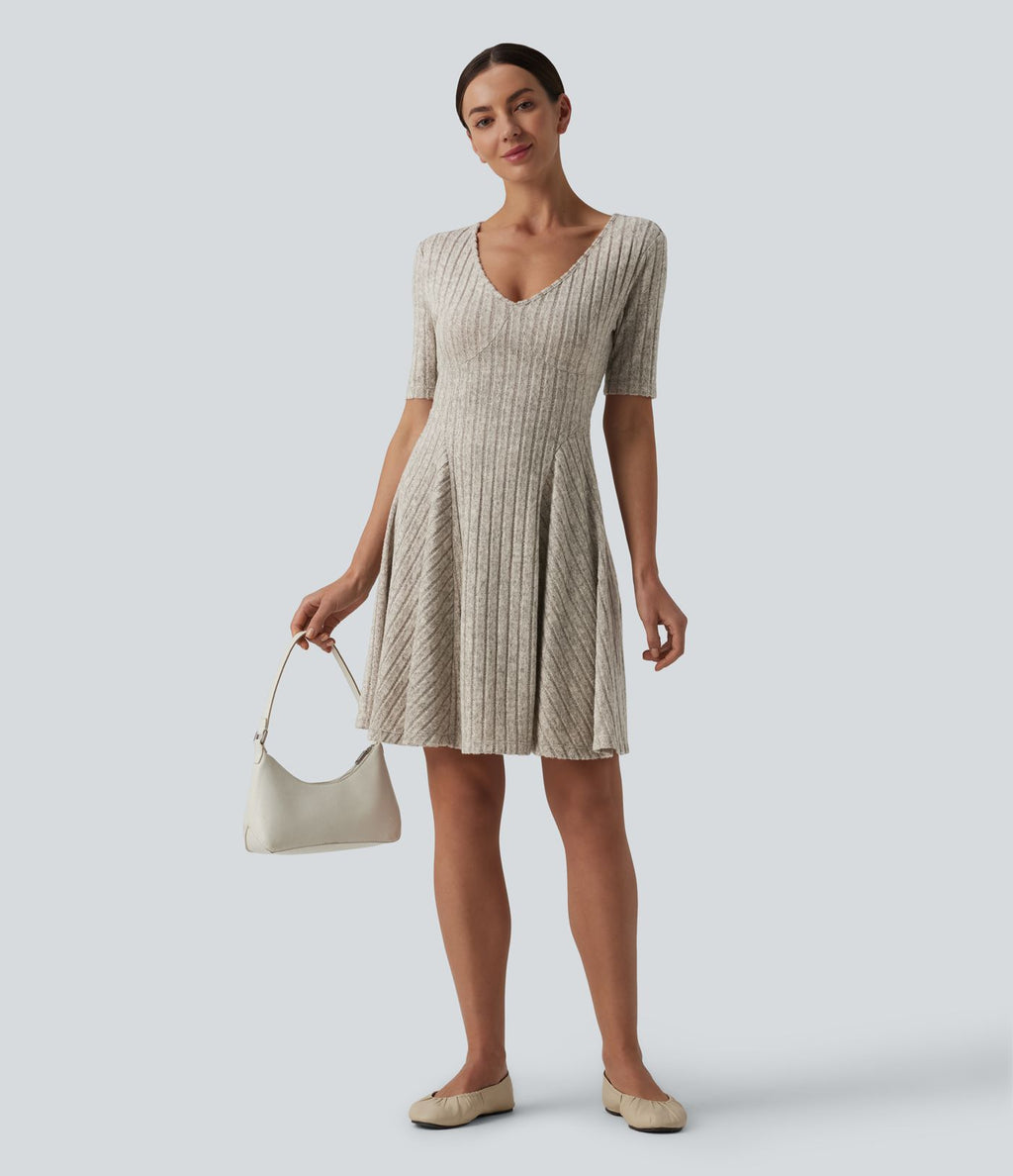 Robe mini casual évasée col V manches courtes en maille côtelée