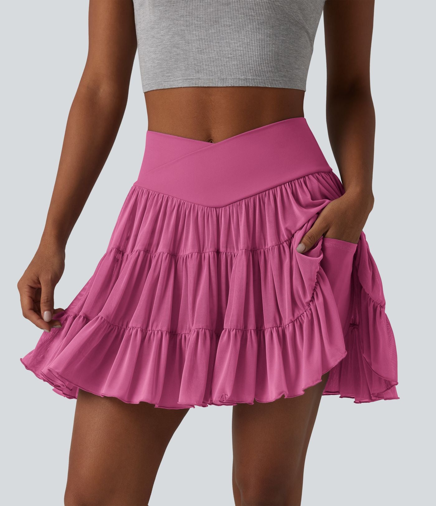 Jupe mini de tennis 2 en 1 croisée évasée taille haute avec poches - longueur allongée