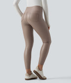 Pantalon 7/8 moulant décontracté polaire gainant taille haute extensible effet cuir avec poches