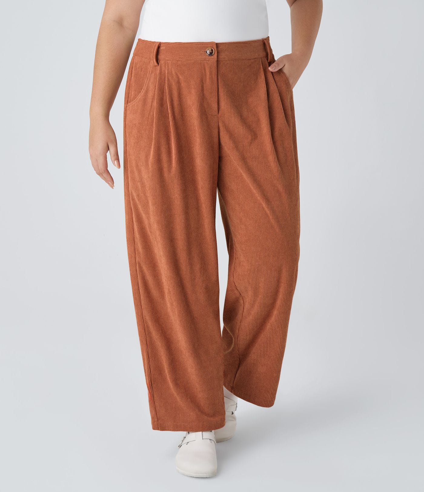 Pantalon Casual Grande Taille Velours Côtelé Taille Mi-haute Boutonnés Fermeture Éclair Poches Latérales