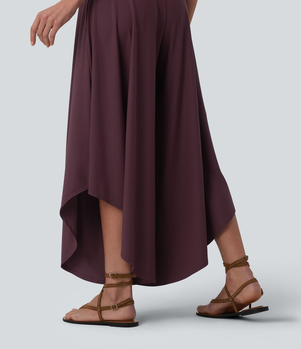 Pantalon ample gainant taille haute à ourlet volants avec poches