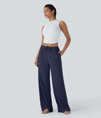 Pantalon fluide ample à taille basse avec cordon de serrage, côtes extensibles, doux pour la peau et poches latérales