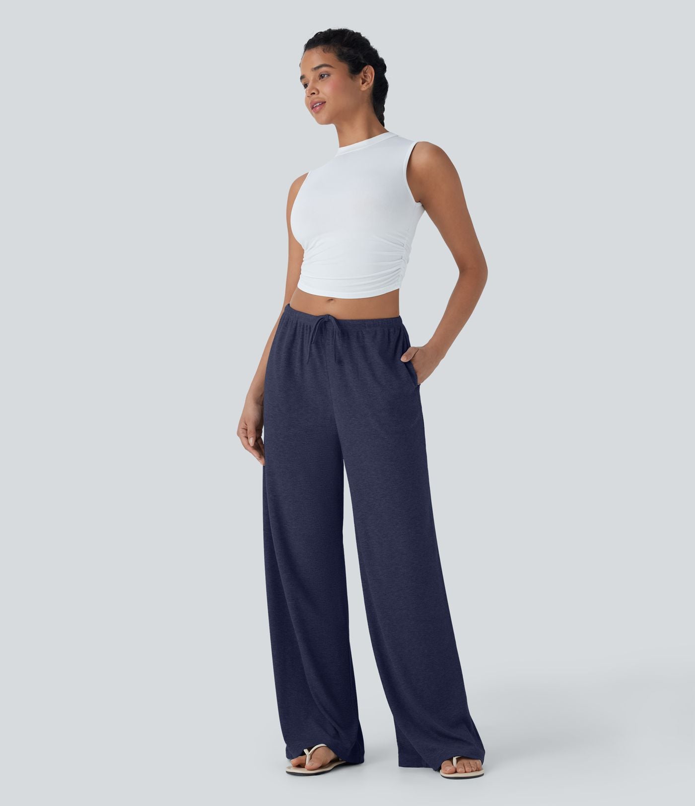 Pantalon fluide ample à taille basse avec cordon de serrage, côtes extensibles, doux pour la peau et poches latérales