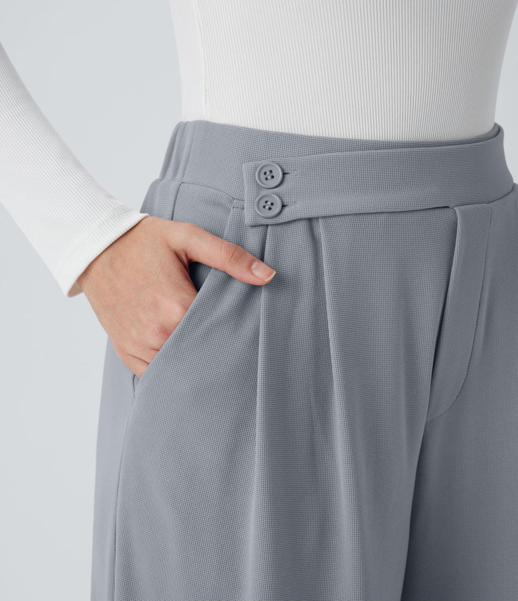 Pantalon taille haute décontracté large en maille gaufrée, avec poches