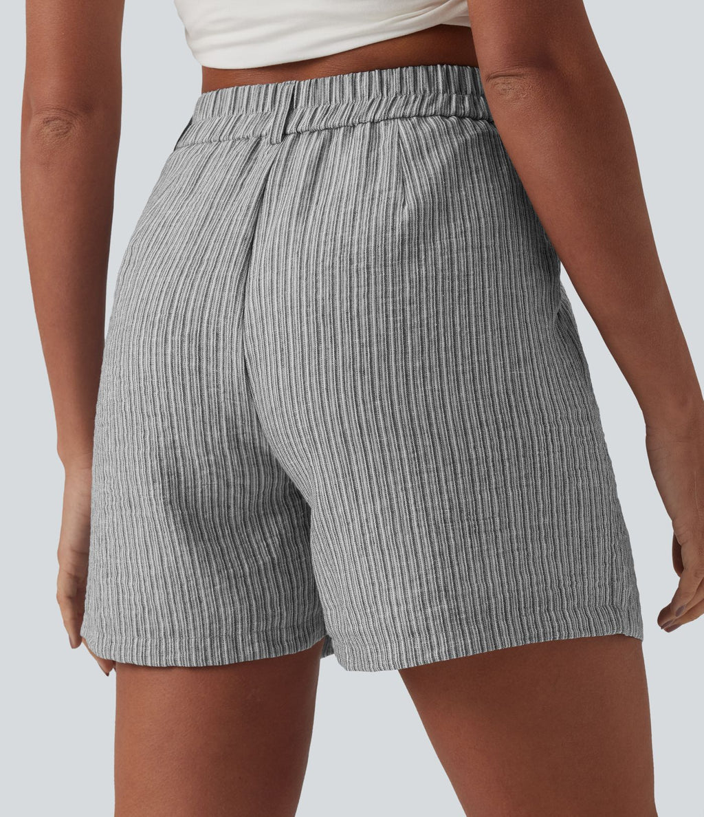 Short casual large aspect lin taille haute avec poches