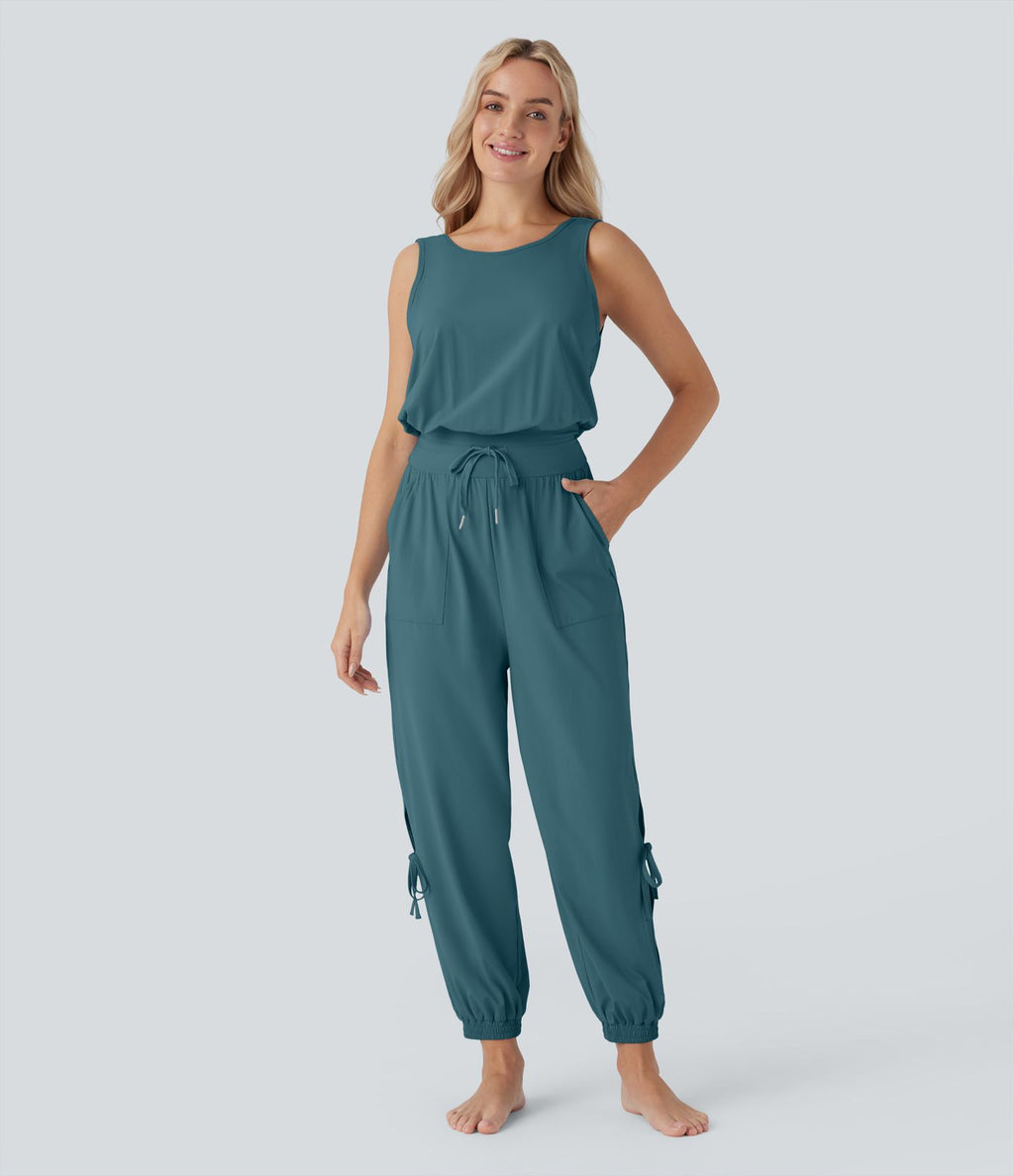 Combinaison de yoga col bateau sans manches dos nu avec découpes et poches latérales à cordon de serrage effet frais InstantCool, protection solaire UPF50+