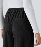 Pantalon cargo décontracté droit en velours côtelé, taille mi-haute, avec poches