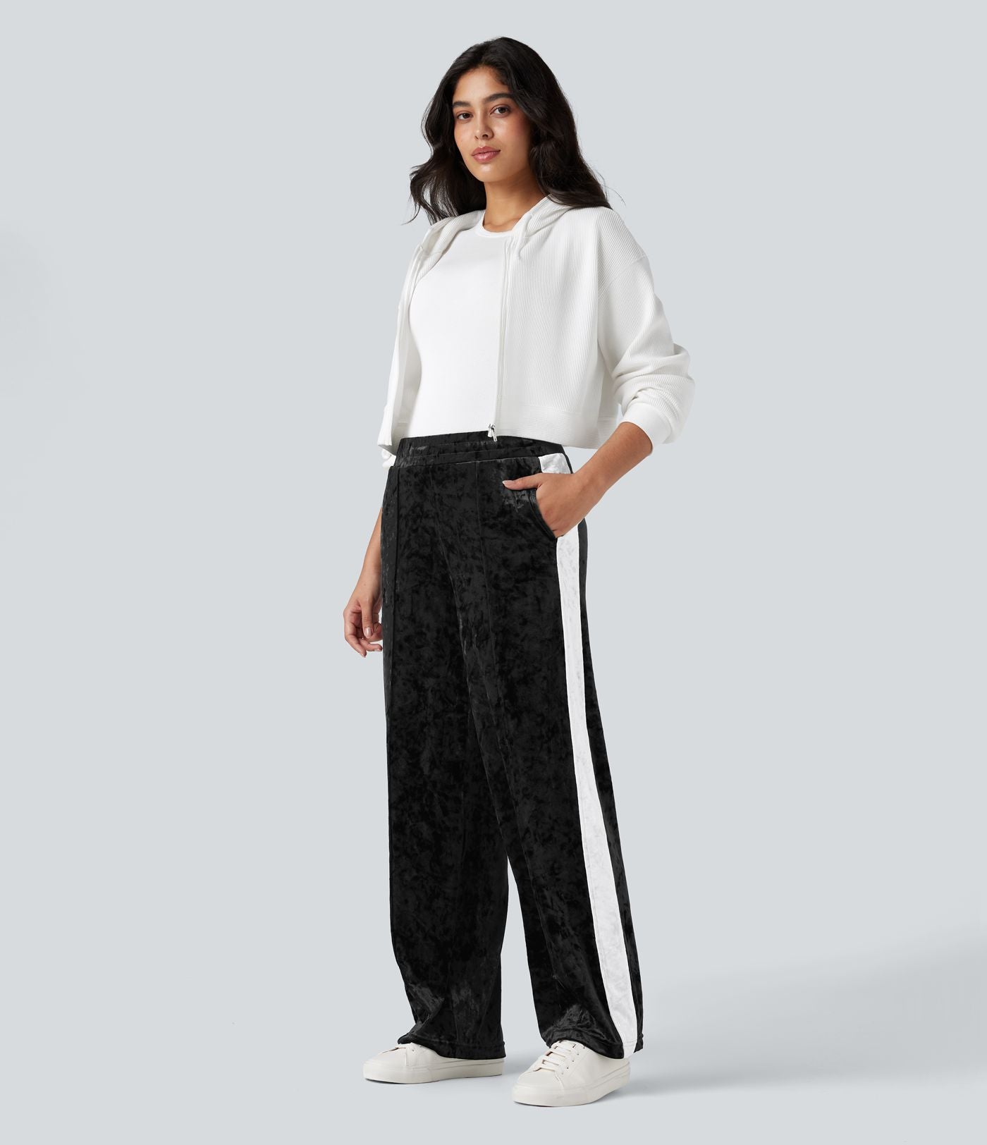 Pantalon velours coupe droite color block taille mi-haute avec cordon de serrage et poches
