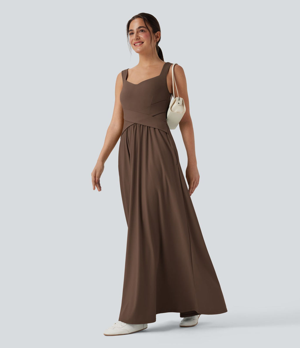 Robe maxi fluide dos nu, avec brassière intégrée et poches