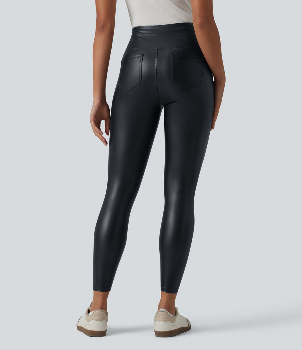 Legging casual 7/8 taille haute ventre plat en similicuir extensible, avec poches