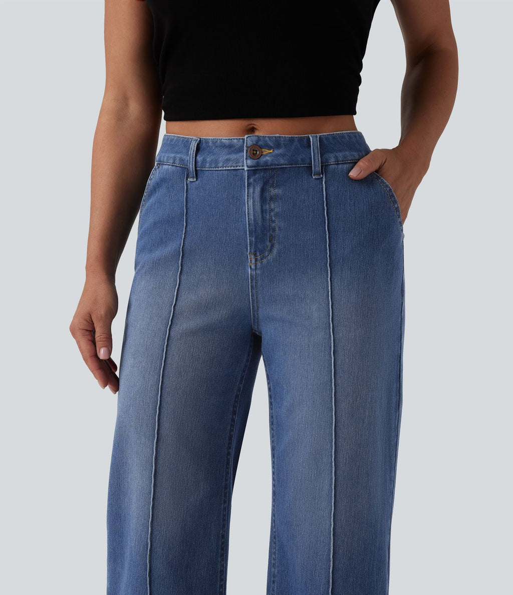 Jean Halara Flex™ décontracté délavé taille mi-haute coupe droite raccoucie avec poches