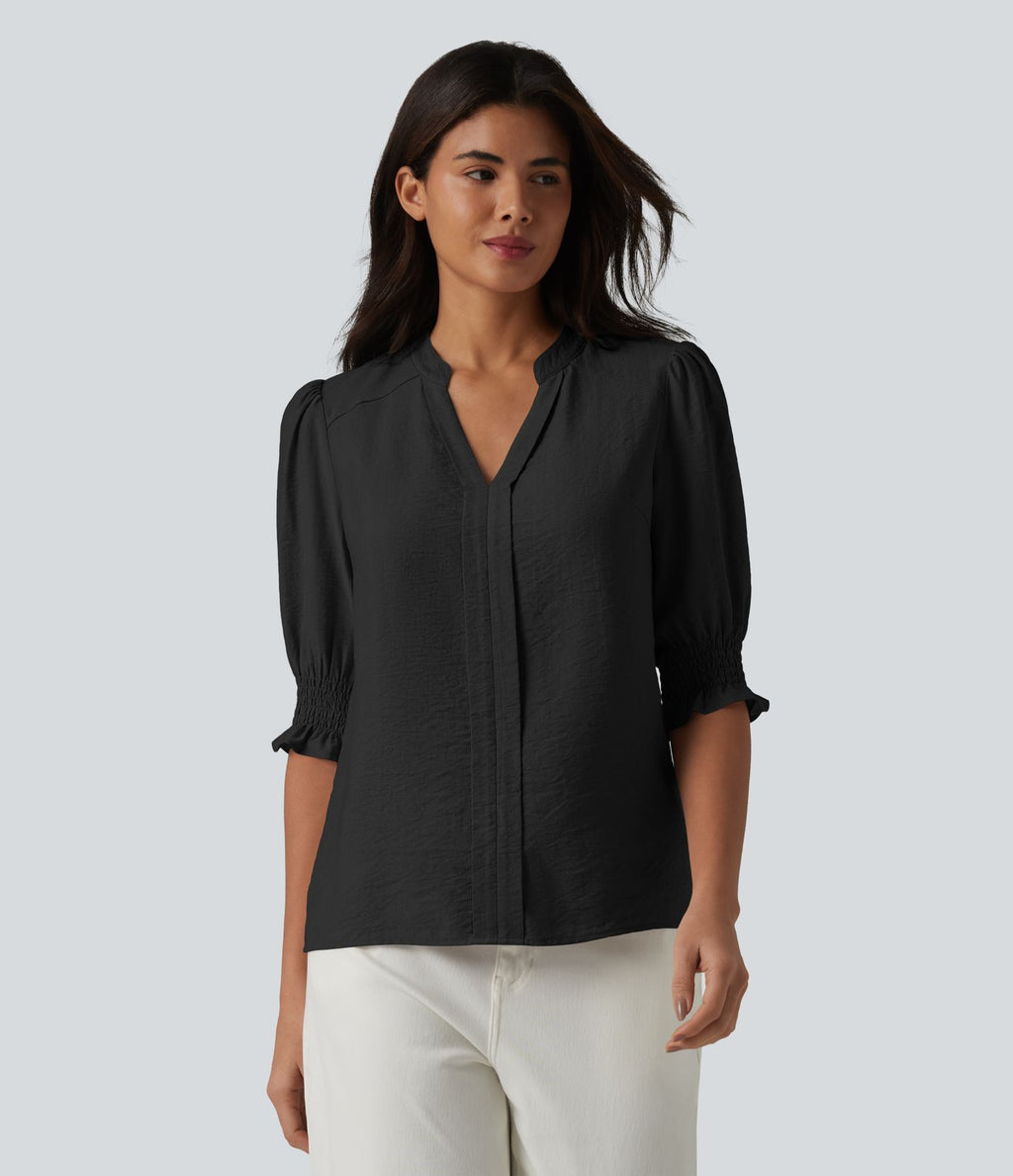 Blouse décontractée à col en V et manches courtes bouffantes