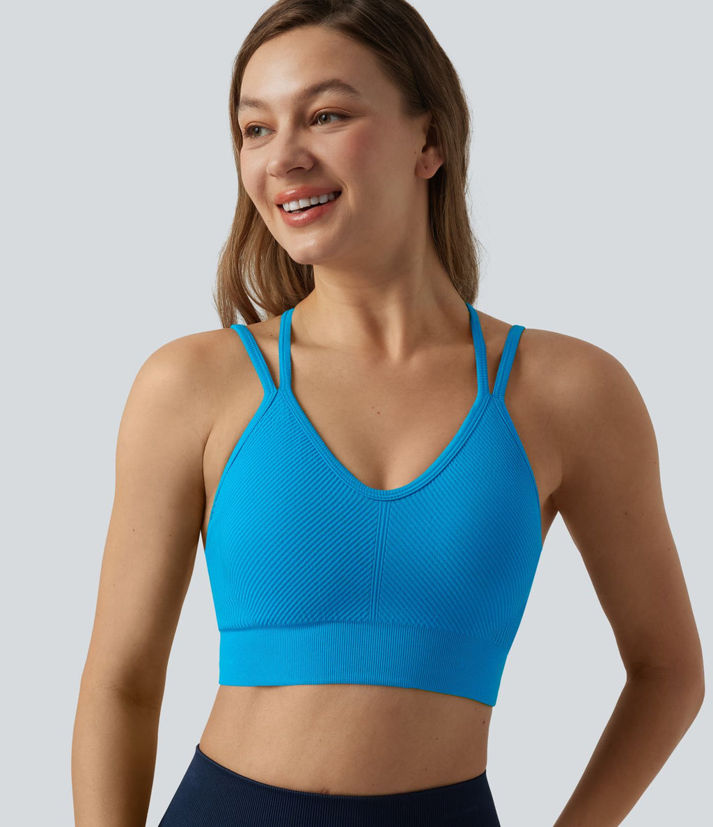 Brassière de sport yoga OneForm sans couture Flow maintien léger col V dos croisé ouvert avec soutien-gorge intégré, coupe cropped