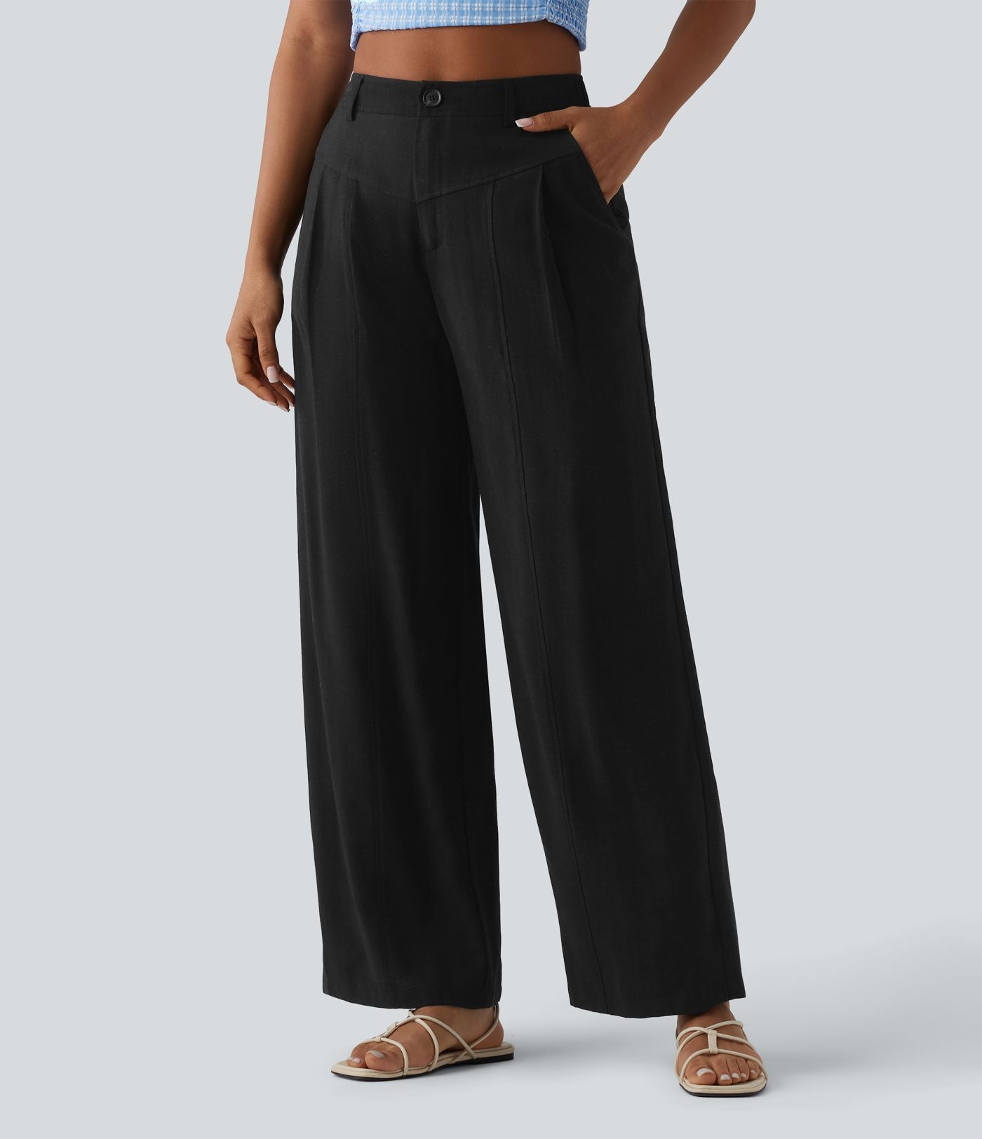 Pantalon large décontracté taille haute aspect lin avec poches