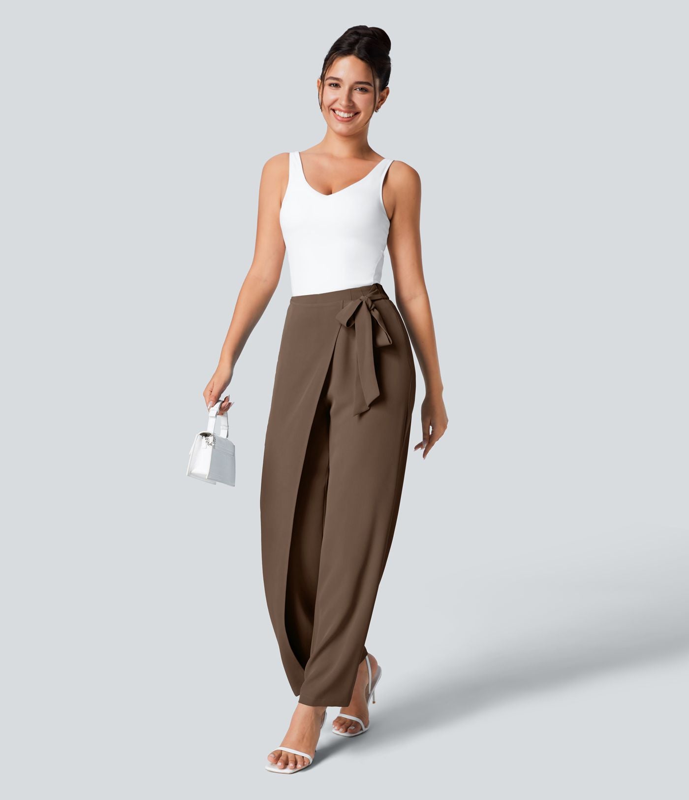 Pantalon Tailleur Large Fluide Taille Haute Fermeture Éclair Invisible