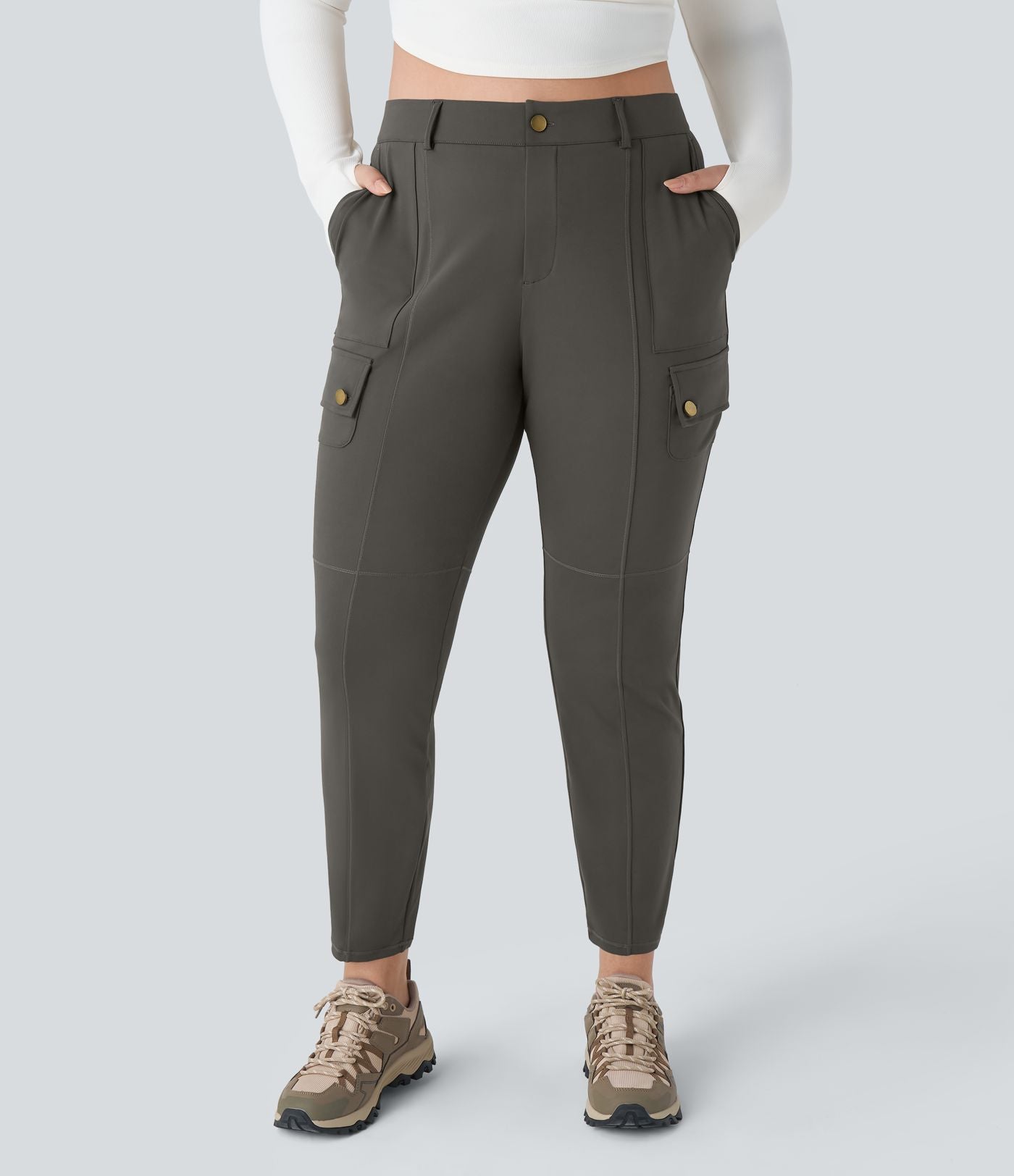 Pantalon cargo randonnée grande taille ajusté uni taille haute DayStretch avec poches zippées