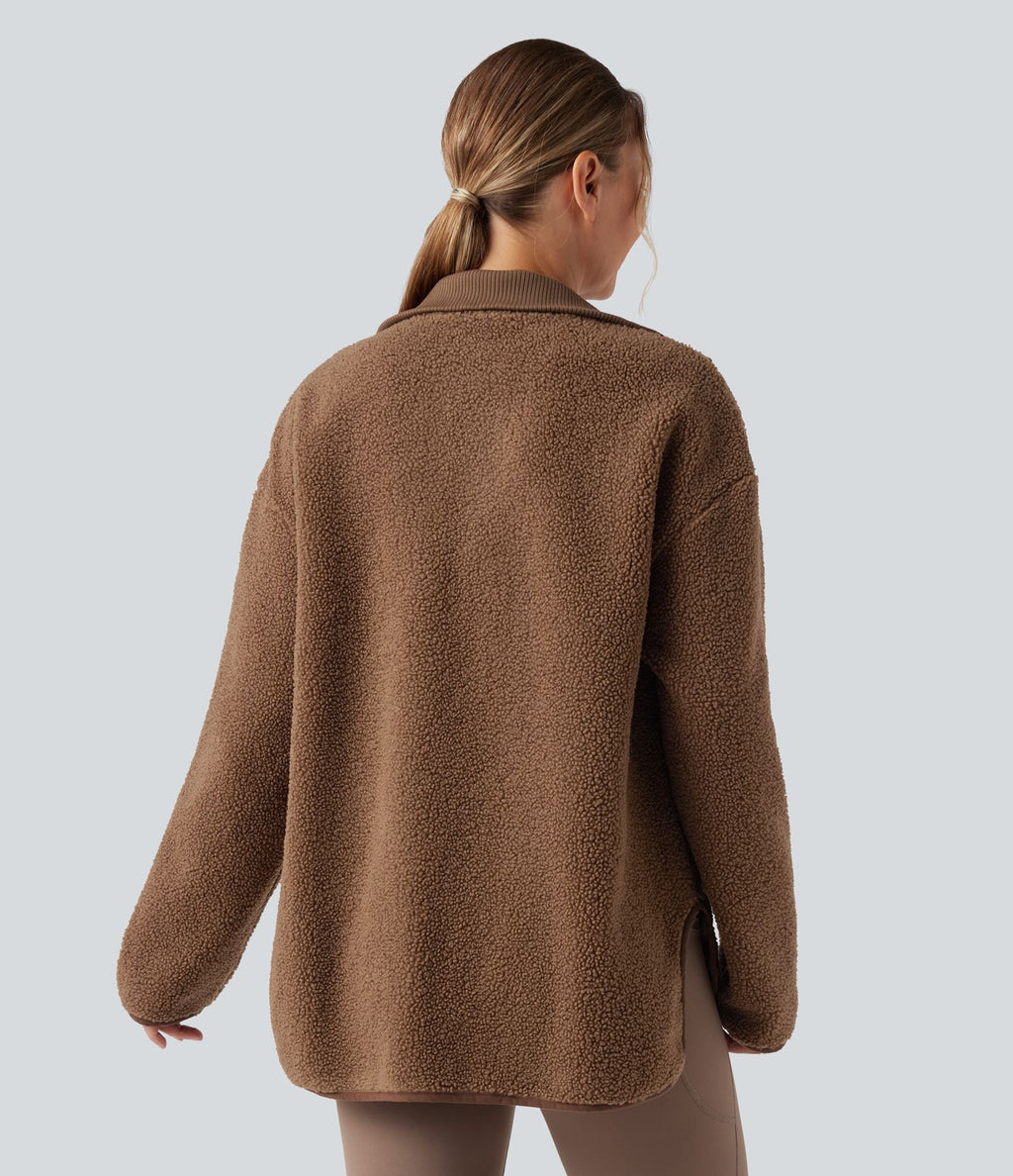 Veste de sport sherpa à manches longues avec ourlet asymétrique arrondi et poches