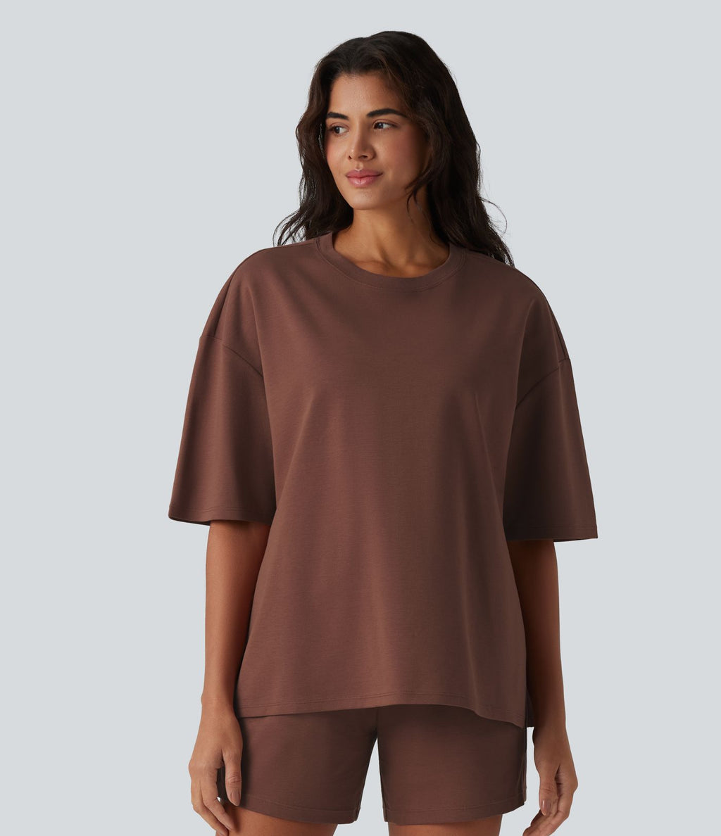 T-shirt décontracté en coton col rond manches mi-longues coupe ample à séchage rapide